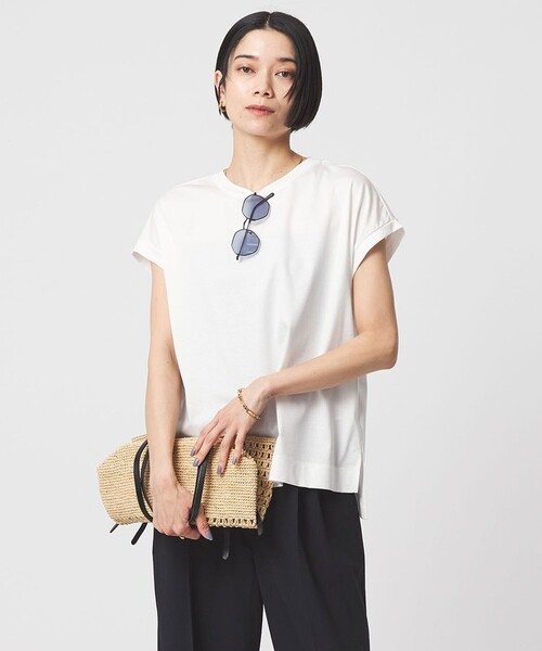 green label relaxing（グリーンレーベルリラクシング）の「グロッシー フレンチスリーブ Tシャツ 制菌（Tシャツ/カットソー・レディース・その他3/その他1/その他2/オフホワイト/ブラック・40/38）」の14枚目の写真