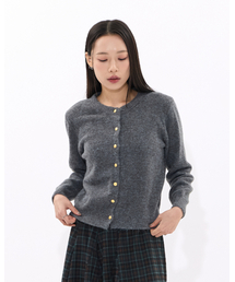 Gold Button Round-Neck Knit Cardigan (CHARCOAL)