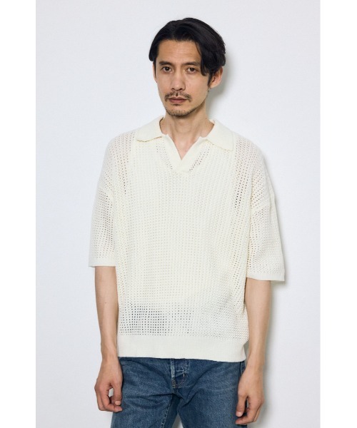 AZUL by moussy(アズールバイマウジー)の「メッシュスキッパーポロシャツ 春服 夏服 シアートップス(ポロシャツ・メンズ・アイボリー/ブラック/ライトカーキ・MEDIUM/LARGE)」の5枚目の写真
