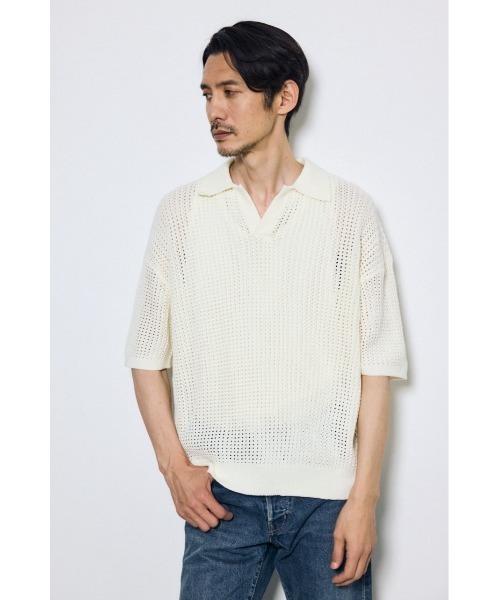AZUL by moussy(アズールバイマウジー)の「メッシュスキッパーポロシャツ 春服 夏服 シアートップス(ポロシャツ・メンズ・アイボリー/ブラック/ライトカーキ・MEDIUM/LARGE)」の6枚目の写真