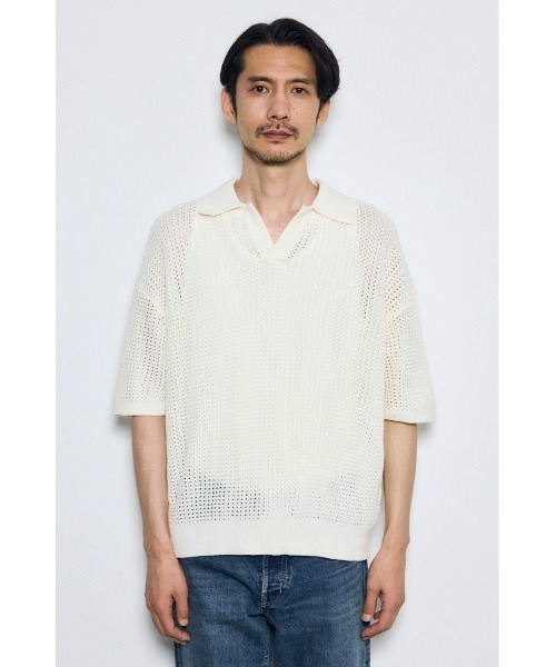 AZUL by moussy(アズールバイマウジー)の「メッシュスキッパーポロシャツ 春服 夏服 シアートップス(ポロシャツ・メンズ・アイボリー/ブラック/ライトカーキ・MEDIUM/LARGE)」の8枚目の写真