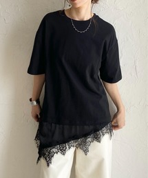 アシンメトリー 裾サテンレース ドッキング 半袖Tシャツ レイヤード インナー トップス