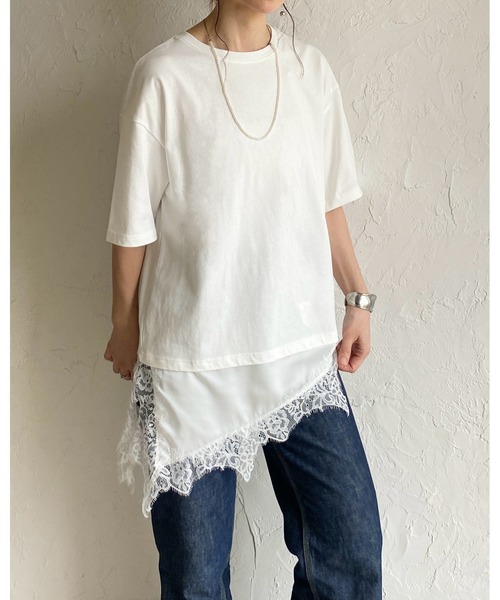 She's Closet(シーズクローゼット)の「アシンメトリー 裾サテンレース ドッキング 半袖Tシャツ レイヤード インナー トップス(Tシャツ/カットソー・レディース・ブラック/ホワイト・FREE)」の21枚目の写真