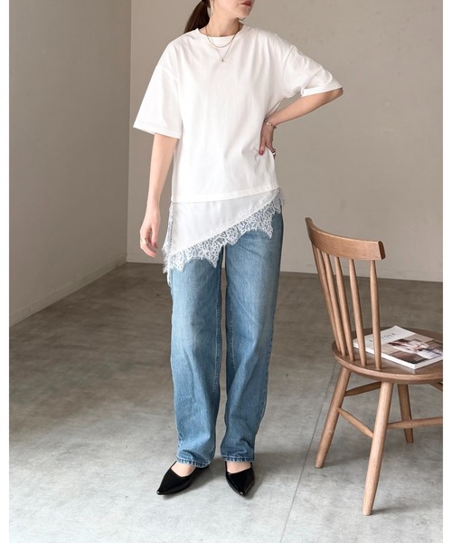 She's Closet(シーズクローゼット)の「アシンメトリー 裾サテンレース ドッキング 半袖Tシャツ レイヤード インナー トップス(Tシャツ/カットソー・レディース・ブラック/ホワイト・FREE)」の19枚目の写真
