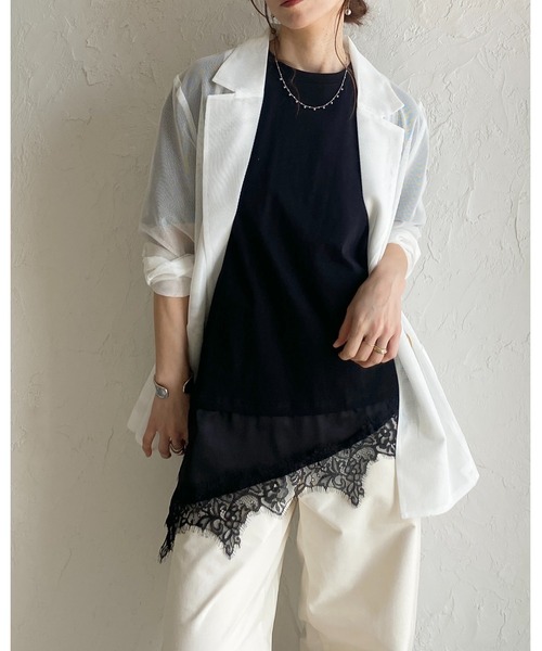 She's Closet(シーズクローゼット)の「アシンメトリー 裾サテンレース ドッキング 半袖Tシャツ レイヤード インナー トップス(Tシャツ/カットソー・レディース・ブラック/ホワイト・FREE)」の3枚目の写真