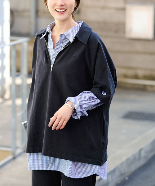 FRAMeWORK(フレームワーク)の「≪追加≫CHAMPION/チャンピオン 別注JERSEY HALF ZIP TEE 2(Tシャツ/カットソー・レディース・ブラック/キャメル・FREE)」の15枚目の写真