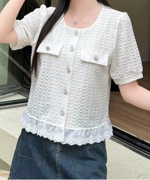 【26年春夏新作】レースヘムふくれジャガード半袖ブラウス 裾レース