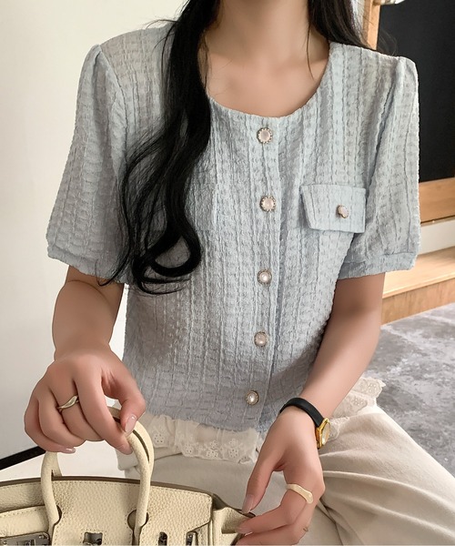 Maison Calme(メゾンカルム)の「【26年春夏新作】レースヘムふくれジャガード半袖ブラウス 裾レース(シャツ/ブラウス・レディース・ホワイト/ブルー・F)」の20枚目の写真