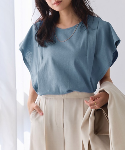 Pierrot(ピエロ)の「汗ジミ防止 二の腕すっきり 脇見えカバー フレア袖Tシャツ(Tシャツ/カットソー・レディース・ブルー系その他/ラベンダー/ネイビー/ロイヤルブルー/杢グレー/オフホワイト・M/LL/L)」の1枚目の写真