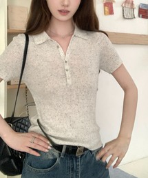 襟付き リブニット 半袖トップス