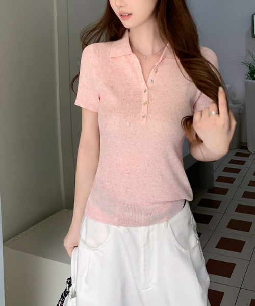 AMAJI(アマジ)の「襟付き リブニット 半袖トップス(Tシャツ/カットソー・レディース・ライトピンク/グレー・FREE)」の6枚目の写真