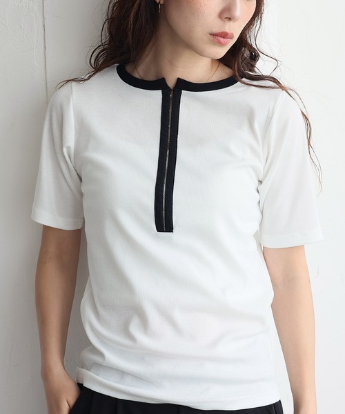 VitaFelice(ヴィータフェリーチェ)の「フロントホックリブ半袖トップス(Tシャツ/カットソー・レディース・チャコール/オフホワイト/ブラック×ホワイト・FREE)」の21枚目の写真