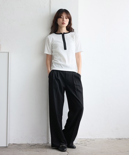 VitaFelice(ヴィータフェリーチェ)の「フロントホックリブ半袖トップス(Tシャツ/カットソー・レディース・チャコール/オフホワイト/ブラック×ホワイト・FREE)」の22枚目の写真
