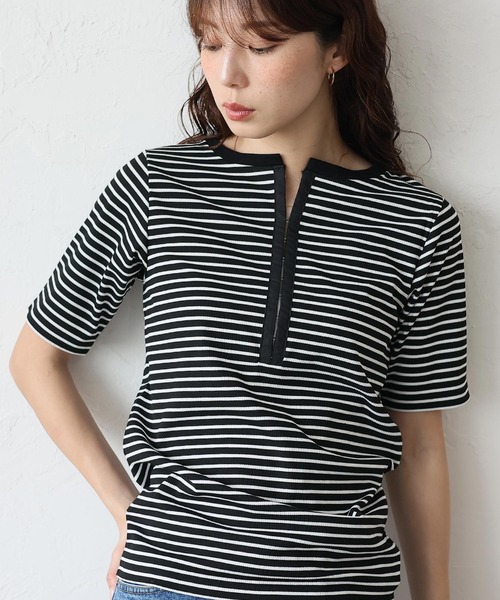 VitaFelice(ヴィータフェリーチェ)の「フロントホックリブ半袖トップス(Tシャツ/カットソー・レディース・チャコール/オフホワイト/ブラック×ホワイト・FREE)」の5枚目の写真