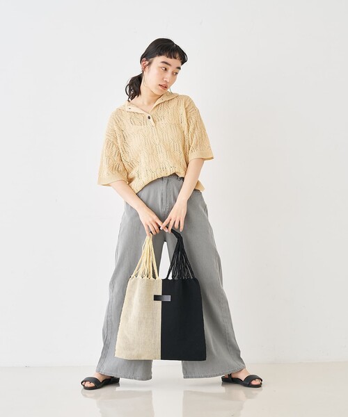 collex(コレックス)の「レーシー柄ニットポロ/透かし編み・サマーニット(ポロシャツ・レディース・ブラック/ベージュ/グレー・フリー)」の4枚目の写真