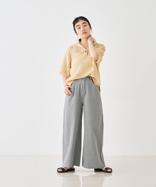 collex(コレックス)の「レーシー柄ニットポロ/透かし編み・サマーニット(ポロシャツ・レディース・ブラック/ベージュ/グレー・フリー)」の5枚目の写真