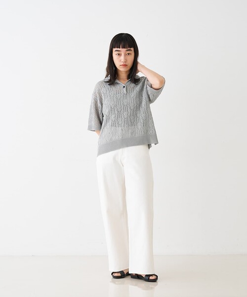 collex(コレックス)の「レーシー柄ニットポロ/透かし編み・サマーニット(ポロシャツ・レディース・ブラック/ベージュ/グレー・フリー)」の8枚目の写真