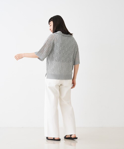 collex(コレックス)の「レーシー柄ニットポロ/透かし編み・サマーニット(ポロシャツ・レディース・ブラック/ベージュ/グレー・フリー)」の9枚目の写真