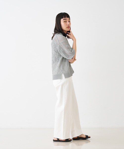 collex(コレックス)の「レーシー柄ニットポロ/透かし編み・サマーニット(ポロシャツ・レディース・ブラック/ベージュ/グレー・フリー)」の10枚目の写真