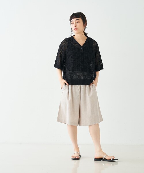 collex(コレックス)の「レーシー柄ニットポロ/透かし編み・サマーニット(ポロシャツ・レディース・ブラック/ベージュ/グレー・フリー)」の13枚目の写真
