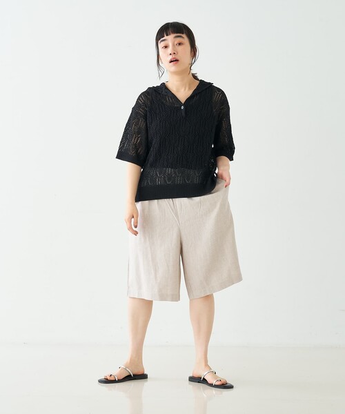 collex(コレックス)の「レーシー柄ニットポロ/透かし編み・サマーニット(ポロシャツ・レディース・ブラック/ベージュ/グレー・フリー)」の14枚目の写真