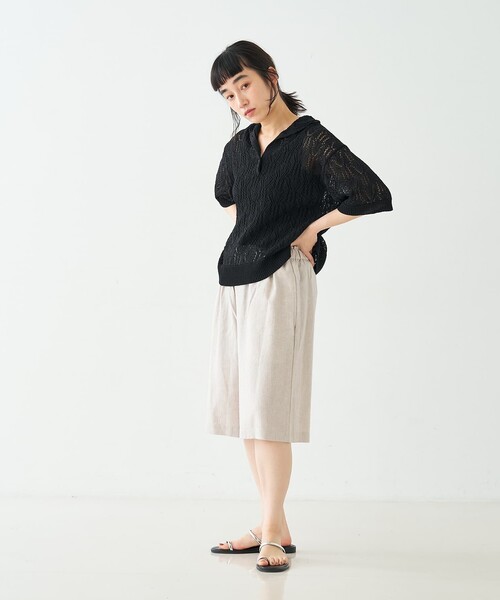 collex(コレックス)の「レーシー柄ニットポロ/透かし編み・サマーニット(ポロシャツ・レディース・ブラック/ベージュ/グレー・フリー)」の15枚目の写真