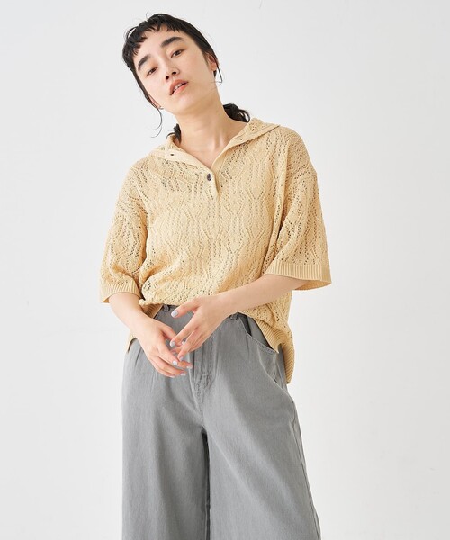 collex(コレックス)の「レーシー柄ニットポロ/透かし編み・サマーニット(ポロシャツ・レディース・ブラック/ベージュ/グレー・フリー)」の19枚目の写真