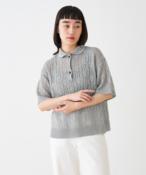 collex(コレックス)の「レーシー柄ニットポロ/透かし編み・サマーニット(ポロシャツ・レディース・ブラック/ベージュ/グレー・フリー)」の21枚目の写真