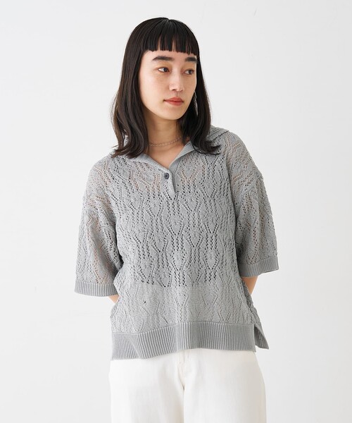 collex(コレックス)の「レーシー柄ニットポロ/透かし編み・サマーニット(ポロシャツ・レディース・ブラック/ベージュ/グレー・フリー)」の22枚目の写真