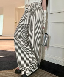 DAY CLOSET | 【ぽこぽこリップル加工/ゴム&紐調節可】ストライプ柄 シャーリング ハイウエスト ルームロングパンツ レディース(ルームウェア/パジャマ)