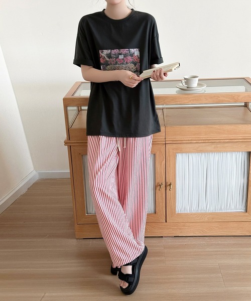 DAY CLOSET(デイ クローゼット)の「【ぽこぽこリップル加工/ゴム&紐調節可】ストライプ柄 シャーリング ハイウエスト ルームロングパンツ レディース(ルームウェア/パジャマ・レディース・ピンク系その他/ブラック/ブラウン・L/S/M/XL)」の8枚目の写真