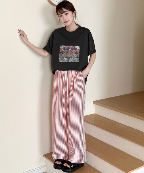 DAY CLOSET(デイ クローゼット)の「【ぽこぽこリップル加工/ゴム&紐調節可】ストライプ柄 シャーリング ハイウエスト ルームロングパンツ レディース(ルームウェア/パジャマ・レディース・ピンク系その他/ブラック/ブラウン・L/S/M/XL)」の9枚目の写真