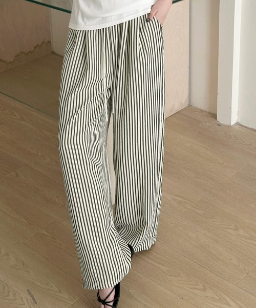 DAY CLOSET(デイ クローゼット)の「【ぽこぽこリップル加工/ゴム&紐調節可】ストライプ柄 シャーリング ハイウエスト ルームロングパンツ レディース(ルームウェア/パジャマ・レディース・ピンク系その他/ブラック/ブラウン・L/S/M/XL)」の5枚目の写真