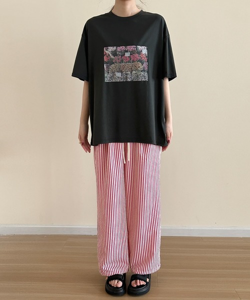 DAY CLOSET(デイ クローゼット)の「【ぽこぽこリップル加工/ゴム&紐調節可】ストライプ柄 シャーリング ハイウエスト ルームロングパンツ レディース(ルームウェア/パジャマ・レディース・ピンク系その他/ブラック/ブラウン・L/S/M/XL)」の12枚目の写真