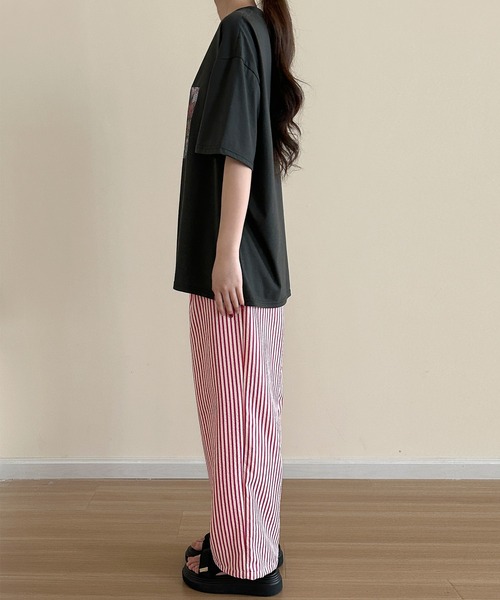 DAY CLOSET(デイ クローゼット)の「【ぽこぽこリップル加工/ゴム&紐調節可】ストライプ柄 シャーリング ハイウエスト ルームロングパンツ レディース(ルームウェア/パジャマ・レディース・ピンク系その他/ブラック/ブラウン・L/S/M/XL)」の13枚目の写真