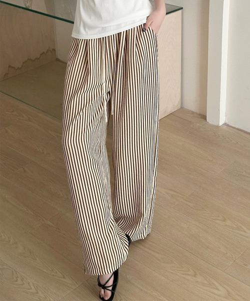 DAY CLOSET(デイ クローゼット)の「【ぽこぽこリップル加工/ゴム&紐調節可】ストライプ柄 シャーリング ハイウエスト ルームロングパンツ レディース(ルームウェア/パジャマ・レディース・ピンク系その他/ブラック/ブラウン・L/S/M/XL)」の22枚目の写真