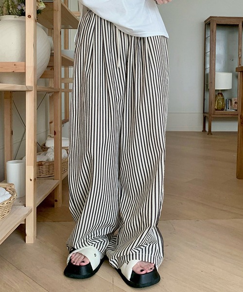 DAY CLOSET(デイ クローゼット)の「【ぽこぽこリップル加工/ゴム&紐調節可】ストライプ柄 シャーリング ハイウエスト ルームロングパンツ レディース(ルームウェア/パジャマ・レディース・ピンク系その他/ブラック/ブラウン・L/S/M/XL)」の17枚目の写真