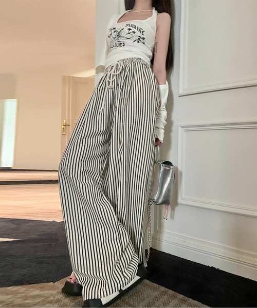 DAY CLOSET(デイ クローゼット)の「【ぽこぽこリップル加工/ゴム&紐調節可】ストライプ柄 シャーリング ハイウエスト ルームロングパンツ レディース(ルームウェア/パジャマ・レディース・ピンク系その他/ブラック/ブラウン・L/S/M/XL)」の19枚目の写真