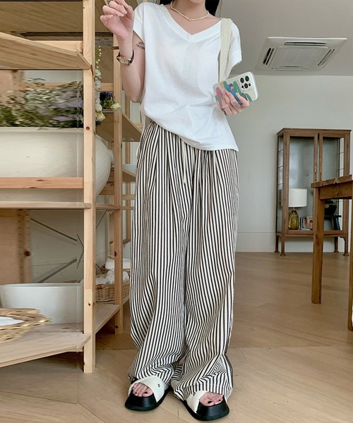 DAY CLOSET(デイ クローゼット)の「【ぽこぽこリップル加工/ゴム&紐調節可】ストライプ柄 シャーリング ハイウエスト ルームロングパンツ レディース(ルームウェア/パジャマ・レディース・ピンク系その他/ブラック/ブラウン・L/S/M/XL)」の20枚目の写真