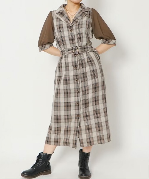 GORGE（ゴージ）の「袖シアーチェックワンピース（ワンピース・レディース・グレー系・F）」の2枚目の写真
