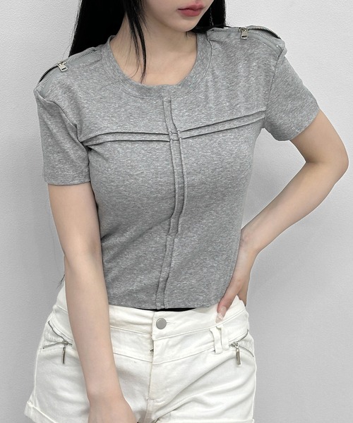 3COLOR/ショルダージップデザイントップス（Tシャツ/カットソー