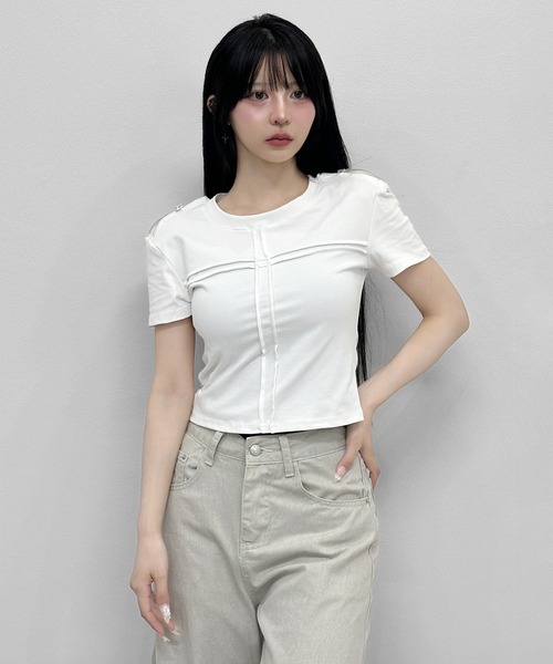 FOLLOWIN(フォロウィン)の「3COLOR/ショルダージップデザイントップス(Tシャツ/カットソー・レディース・グレー/ホワイト/ブラック・FREE)」の15枚目の写真