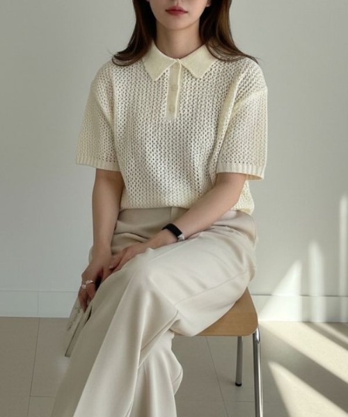 Human 2nd Occasion(ヒューマンセカンドオケージョン)の「清涼感溢れるメッシュ編み で旬なレイヤード を楽しむ ポロニット(ニット/セーター・レディース・イエロー/ナチュラル・FREE)」の4枚目の写真