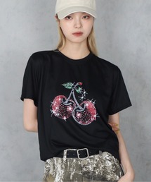 【 BARELY BLUE / ベアリーブルー 】 チェリー ビジュー グラフィック 半袖 Tシャツ