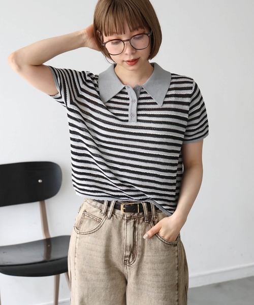 tiptop(ティップトップ)の「透かしマルチボーダーポロニット(ポロシャツ・レディース・ブラック/ブラウン・FREE)」の4枚目の写真