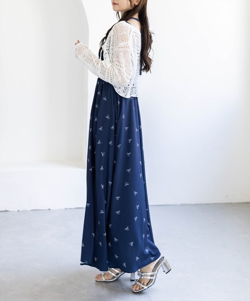clear（クリア）の「リボン柄シャーリングワンピース［骨格ウェーブ／フェミニン／上品／きれいめ／華やか］（ワンピース・レディース・オフホワイト/ネイビー・PF/F）」の11枚目の写真
