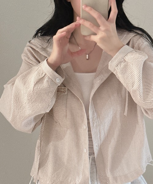 FAVORITO（ファヴォリート）の「ストライプフード付きトップス（その他トップス・レディース・ベージュ/ブルー・F）」の4枚目の写真
