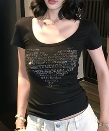 ラインストーン英字ハート柄 ショートtシャツ
