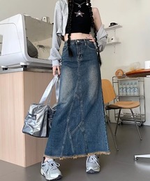 アシンメトリー切り替えフリンジスカート
