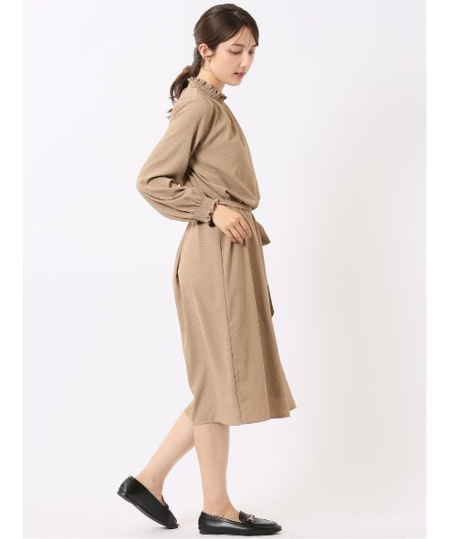 m.f.editorial(エムエフエディトリアル)の「ワンピース レディース 長袖 ストレッチ ウォッシャブル 静電防止 イージーケア ロング 裏地付き ギャザーネック 小紋 ジョーゼット(ワンピース・レディース・ベージュ/ネイビー・LARGE/MEDIUM)」の6枚目の写真